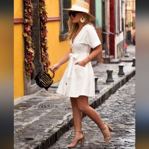 Moon River Classic Preppy Linen Coastal Button Front VNeck A Line Pocketed Dress - Picture 1 of 7